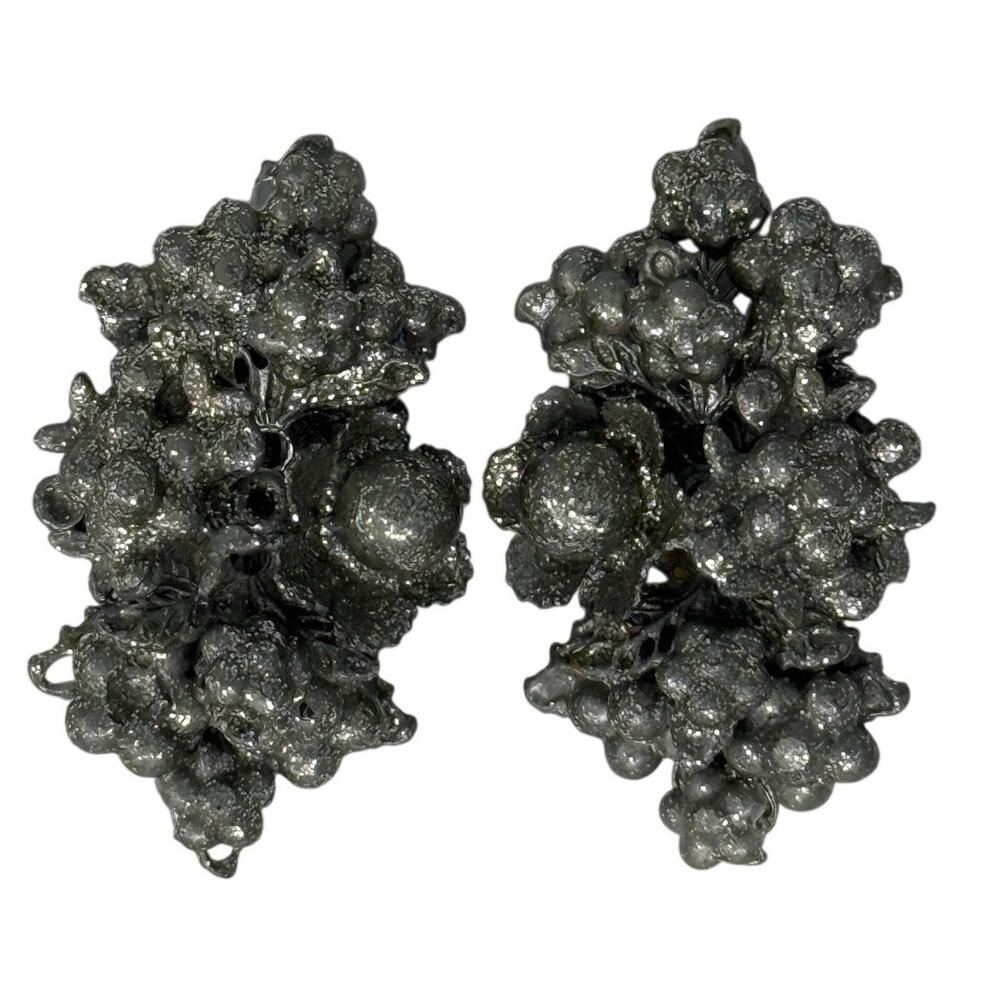 Vintage 60s Silver Tone Grape Cluster Clip On Earrings 2”